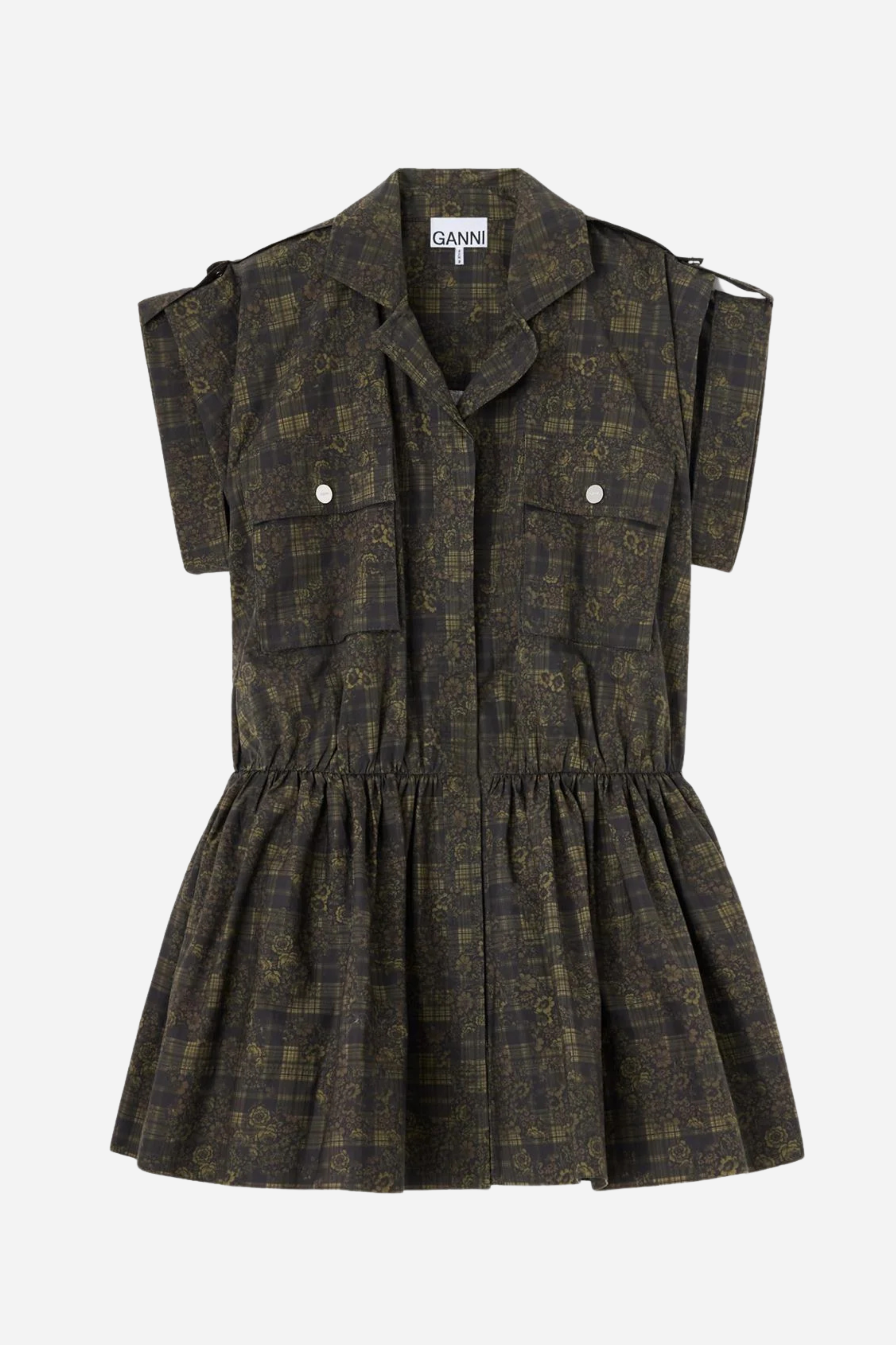 Ganni - Kjole - Gothic Olive - Printed Stretch Cotton Mini Utility Dress