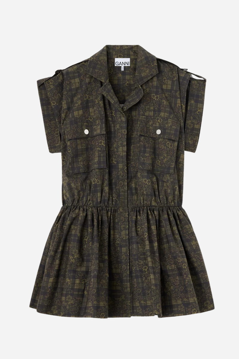 Ganni - Kjole - Gothic Olive - Printed Stretch Cotton Mini Utility Dress