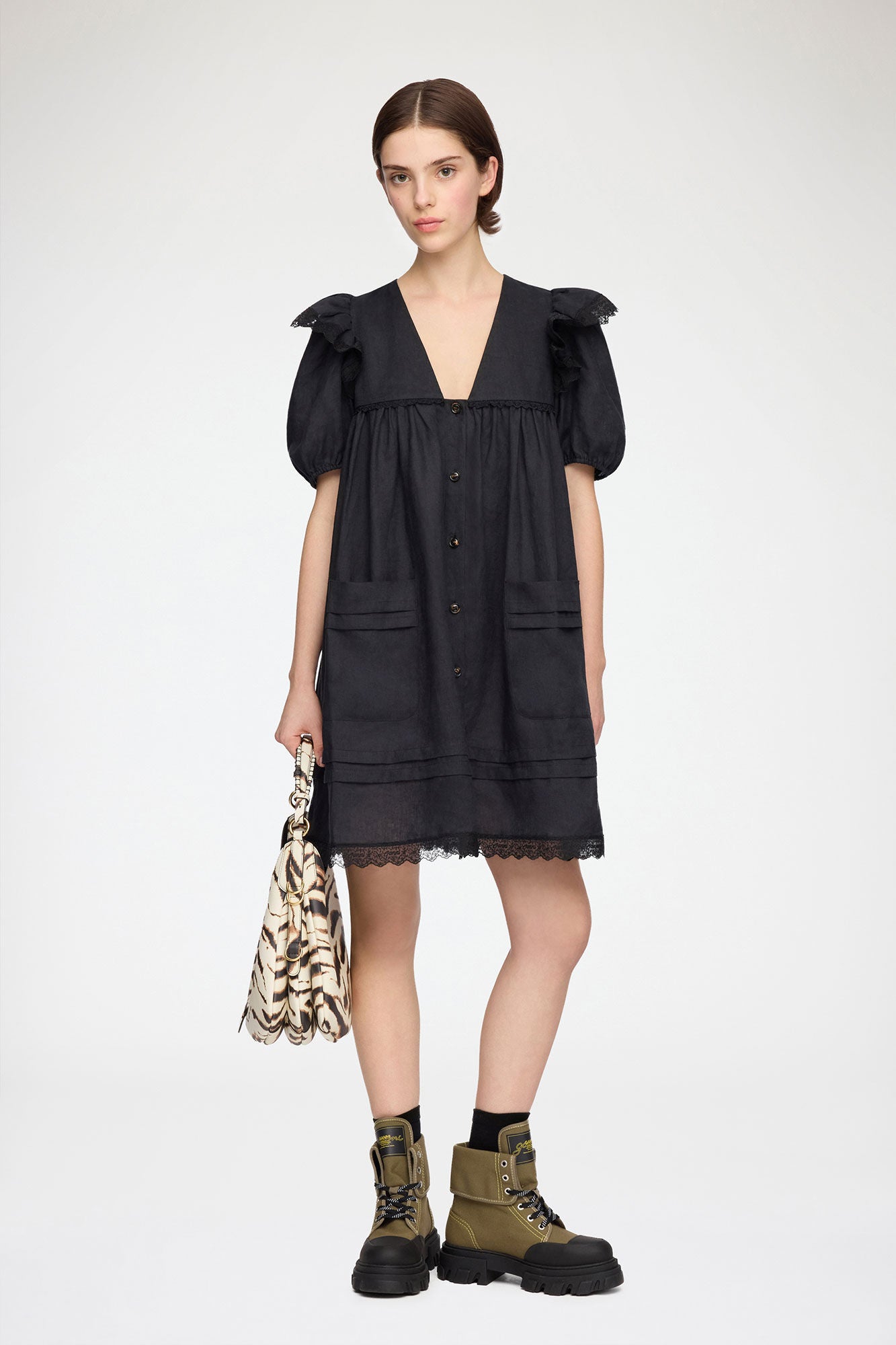 Ganni - Kjole - Sort - Light Linen Angel Mini Dress