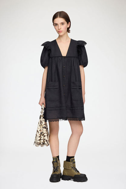 Ganni - Kjole - Sort - Light Linen Angel Mini Dress
