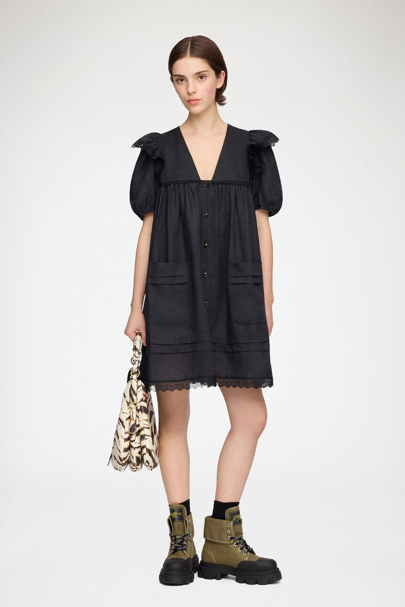 Ganni - Kjole - Sort - Light Linen Angel Mini Dress