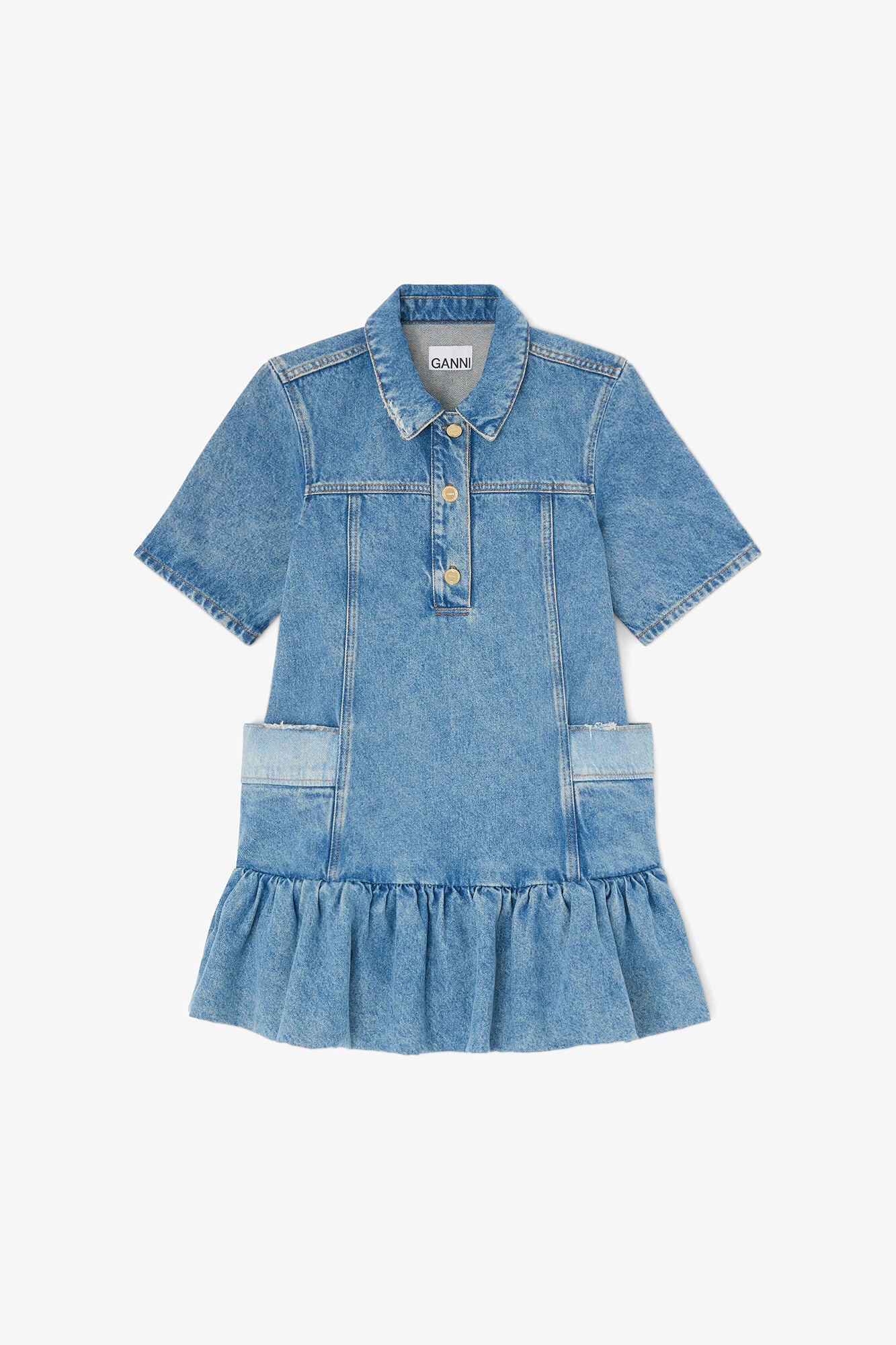 ganni Patchwork Denim Peplum Mini Dress