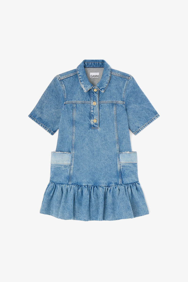 ganni Patchwork Denim Peplum Mini Dress