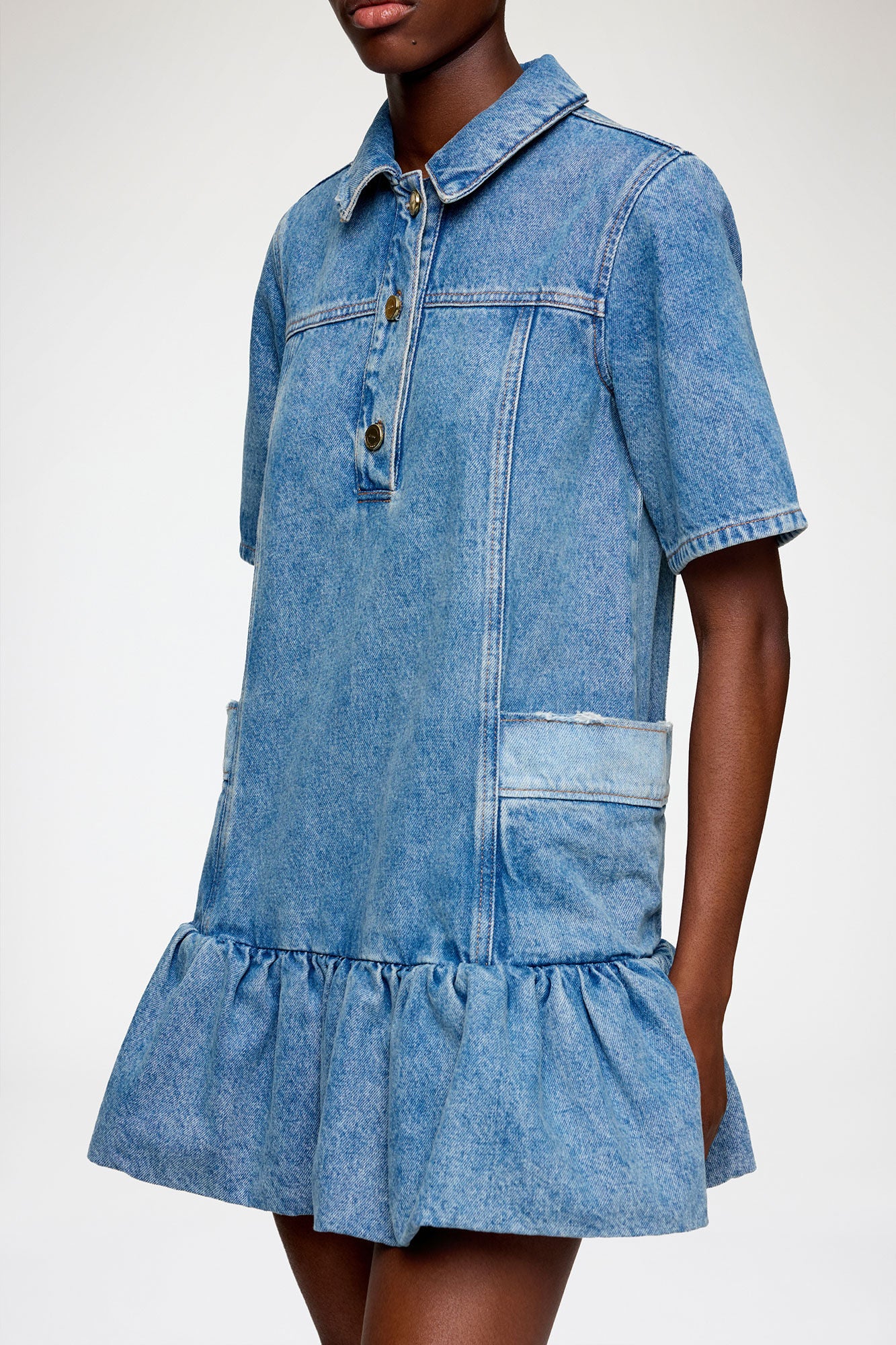 ganni Patchwork Denim Peplum Mini Dress