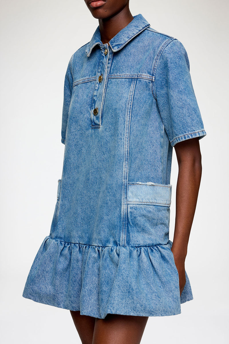 ganni Patchwork Denim Peplum Mini Dress