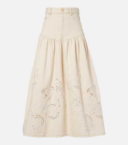 Ganni - Broderie anglaise denim skirt - Lys beige - Broderie