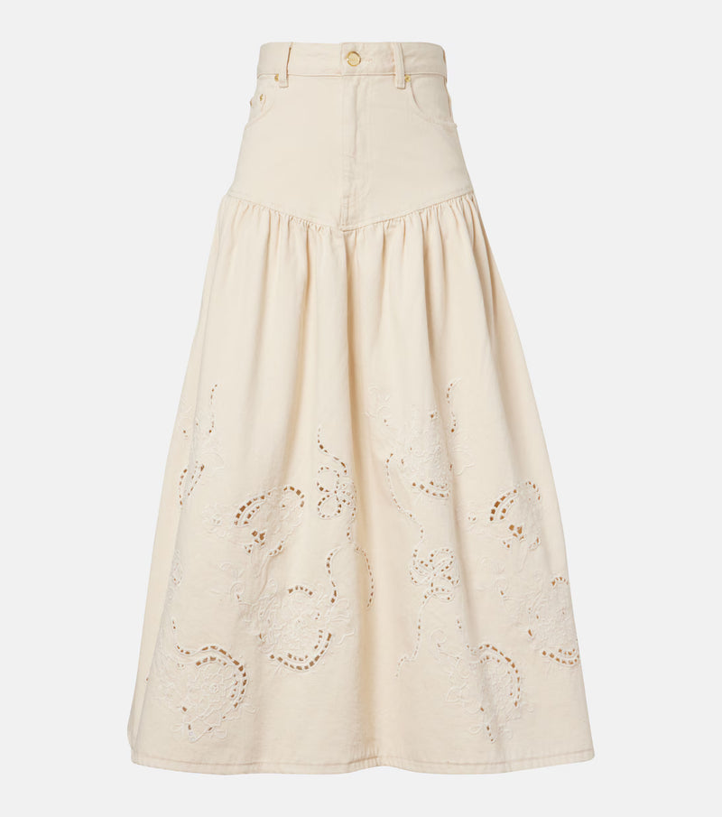 Ganni - Broderie anglaise denim skirt - Lys beige - Broderie