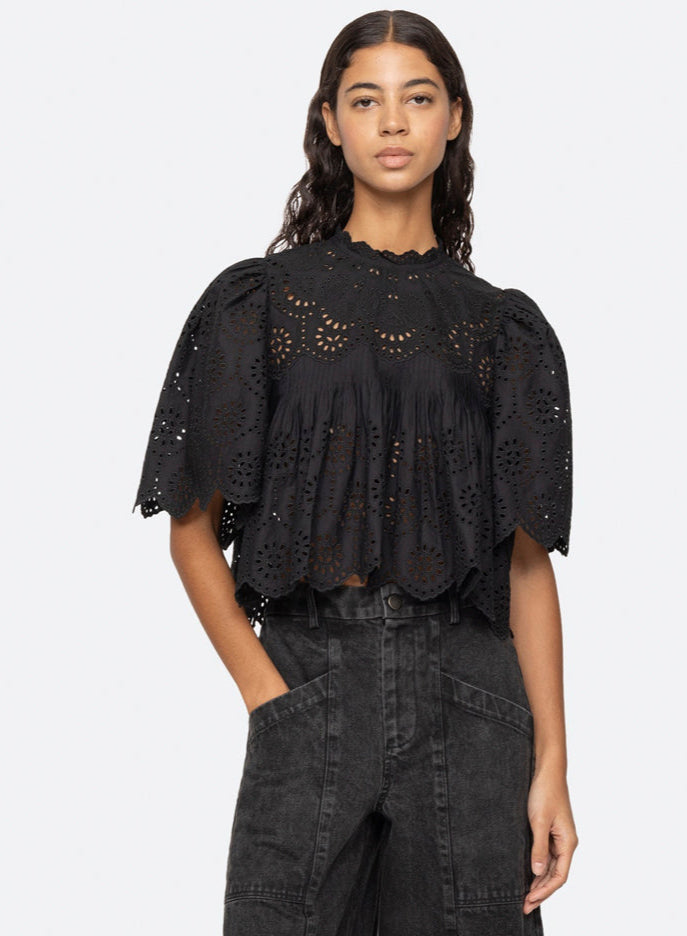 Sea New York Lainey Embroidery S/SLV Top Black