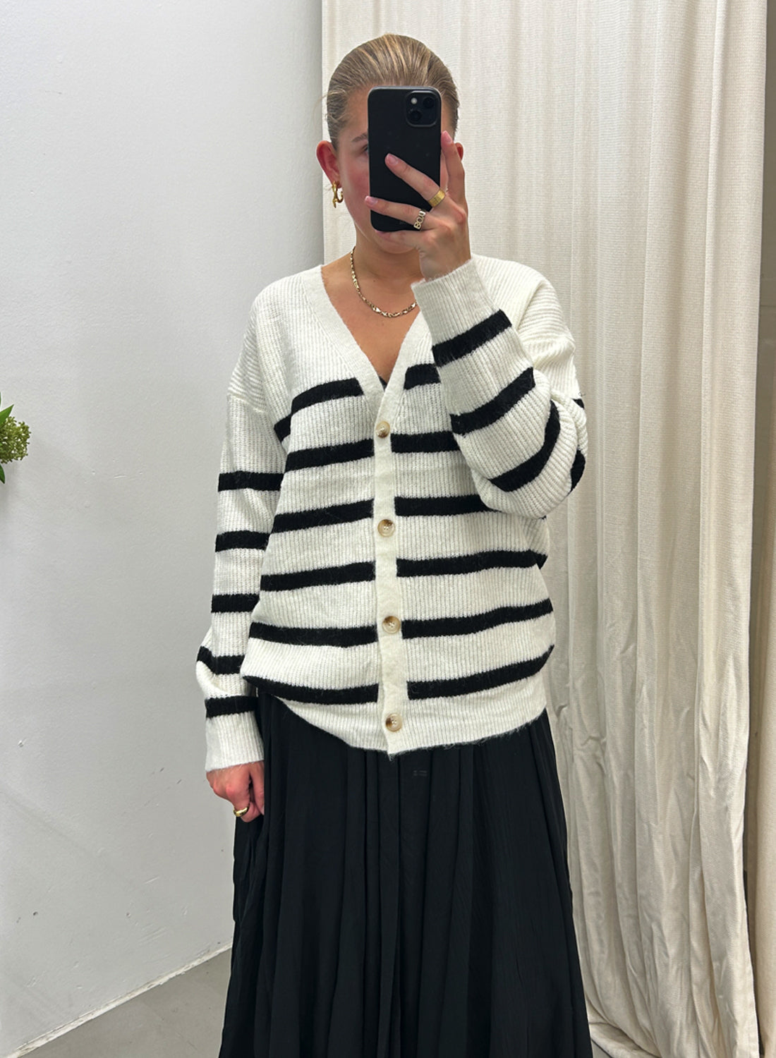 Lulu Strik Cardigan Strib Hvid/Sort