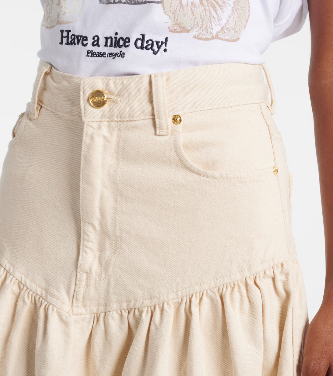 Ganni - Broderie anglaise denim skirt - Lys beige - Broderie