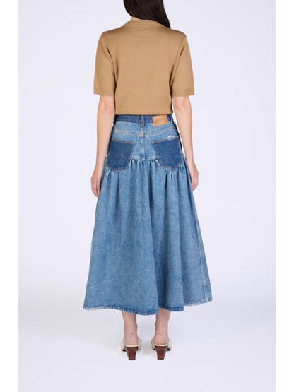 GANNI - Nederdel - Mid blue Vintage - Patchwork Denim Long Skirt