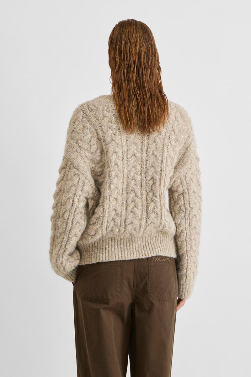 Vila Rouellis L/S Knit Cardigan in Pelican color, featuring a cable knit design, shown from the back on a model.
