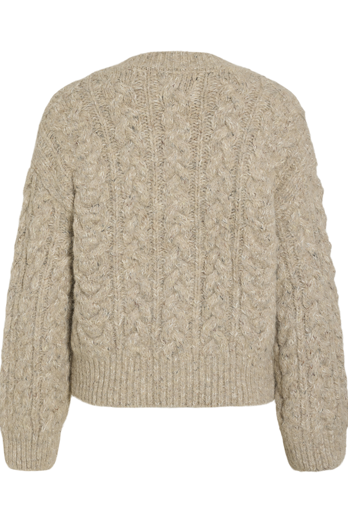 Vila Rouellis long sleeve knit cardigan in pelican color, featuring a cable knit pattern, shown flat from the back.