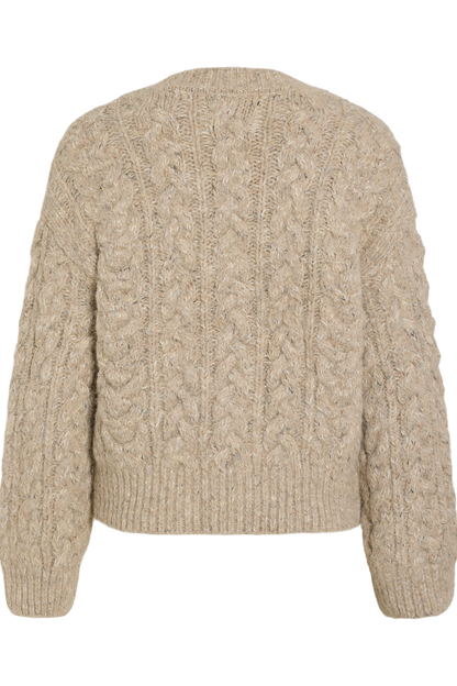 Vila Rouellis long sleeve knit cardigan in pelican color, featuring a cable knit pattern, shown flat from the back.