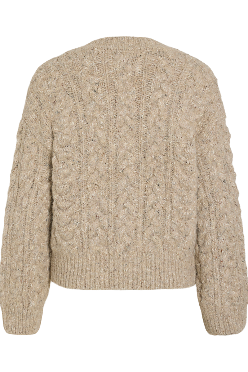 Vila Rouellis long sleeve knit cardigan in pelican color, featuring a cable knit pattern, shown flat from the back.