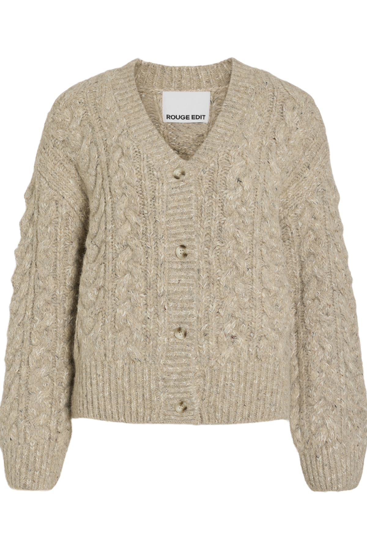 Vila ROUELLIS L/S Knit Cardigan in Pelican color, featuring a cable knit pattern, V-neck, button closure, and long sleeves.