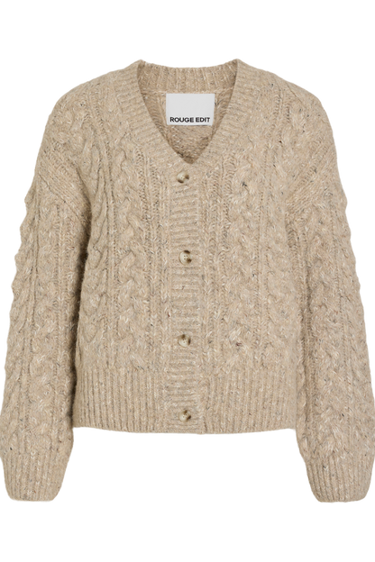 Vila ROUELLIS L/S Knit Cardigan in Pelican color, featuring a cable knit pattern, V-neck, button closure, and long sleeves.