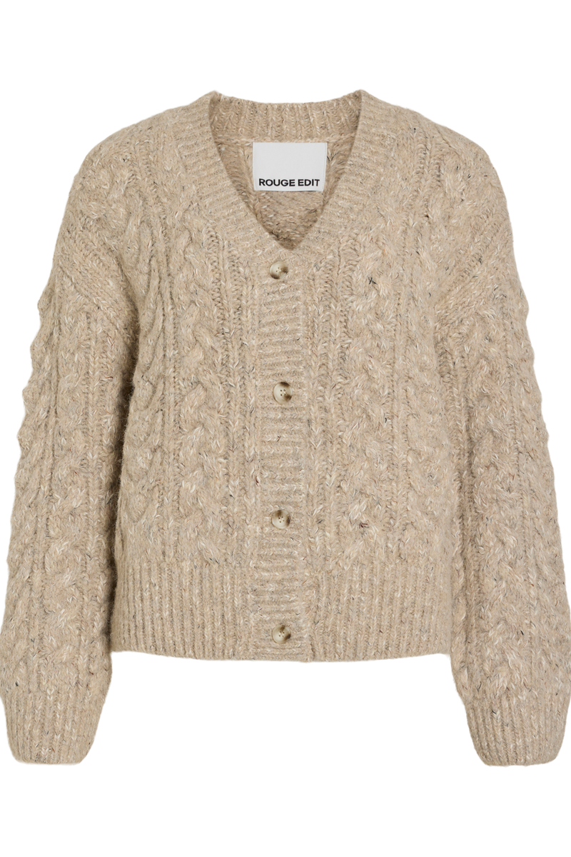 Vila ROUELLIS L/S Knit Cardigan in Pelican color, featuring a cable knit pattern, V-neck, button closure, and long sleeves.