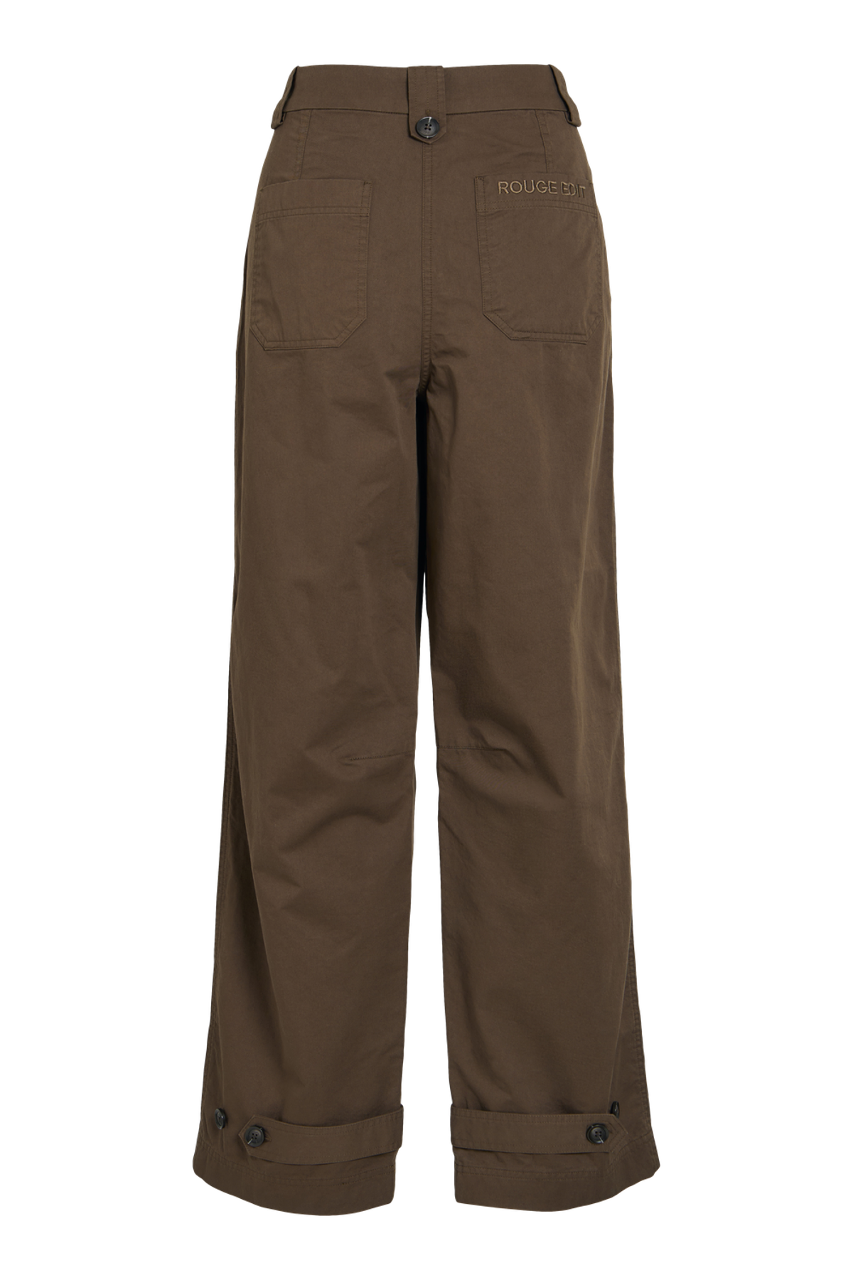 Vila ROUFIONA HW W/F F/L TROUSER in dark brown cotton fabric, wide-leg fit, back view showing pockets and button details.