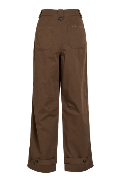 Vila ROUFIONA HW W/F F/L TROUSER in dark brown cotton fabric, wide-leg fit, back view showing pockets and button details.