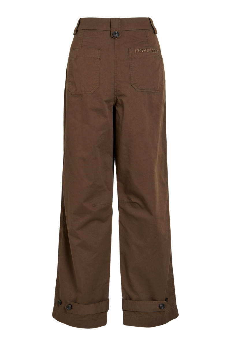 Vila ROUFIONA HW W/F F/L TROUSER in dark brown cotton fabric, wide-leg fit, back view showing pockets and button details.