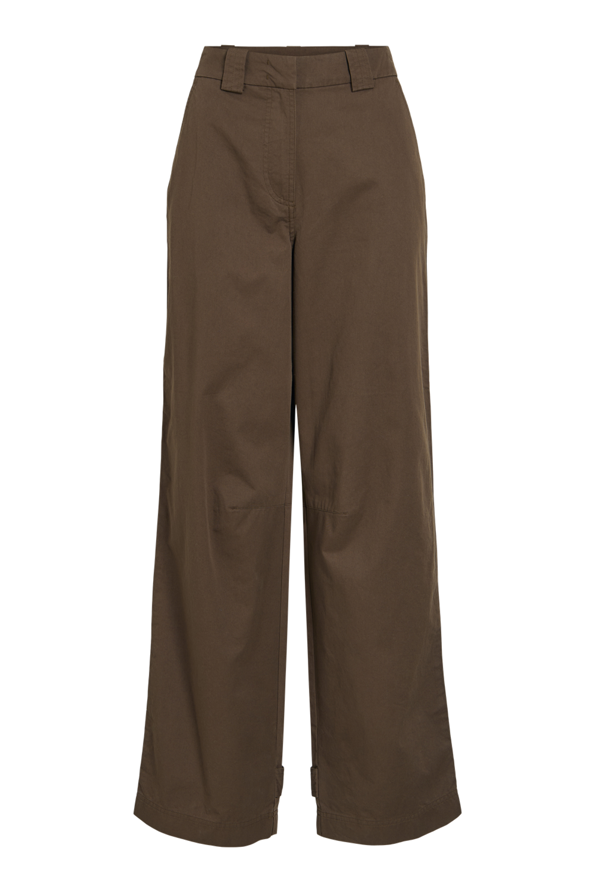 Vila ROUFIONA HW W/F F/L TROUSER in dark brown cotton fabric, wide-leg fit, shown flat front view.