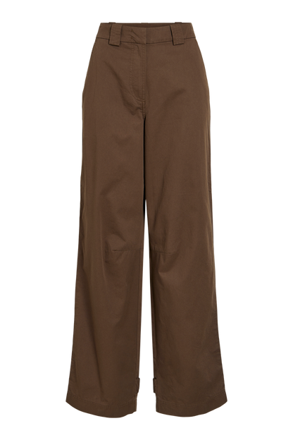 Vila ROUFIONA HW W/F F/L TROUSER in dark brown cotton fabric, wide-leg fit, shown flat front view.