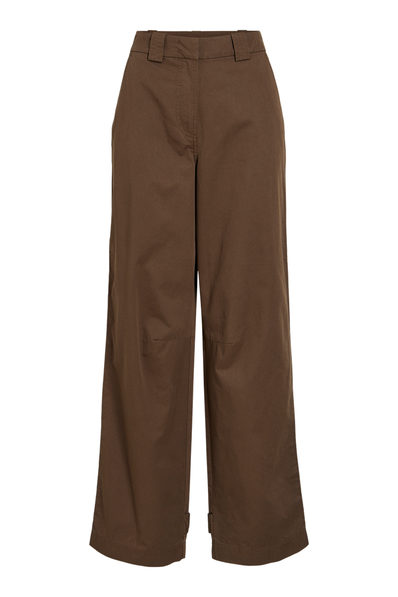Vila ROUFIONA HW W/F F/L TROUSER in dark brown cotton fabric, wide-leg fit, shown flat front view.