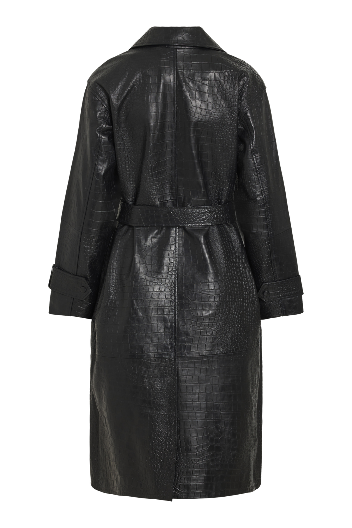 Vila ROUMAYA long-sleeve oversized leather coat in meteorite color, featuring a textured pattern, shown in a back view.