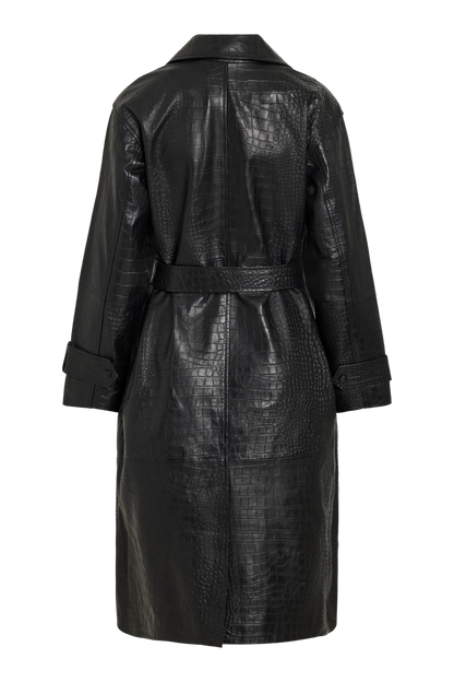 Vila ROUMAYA long-sleeve oversized leather coat in meteorite color, featuring a textured pattern, shown in a back view.