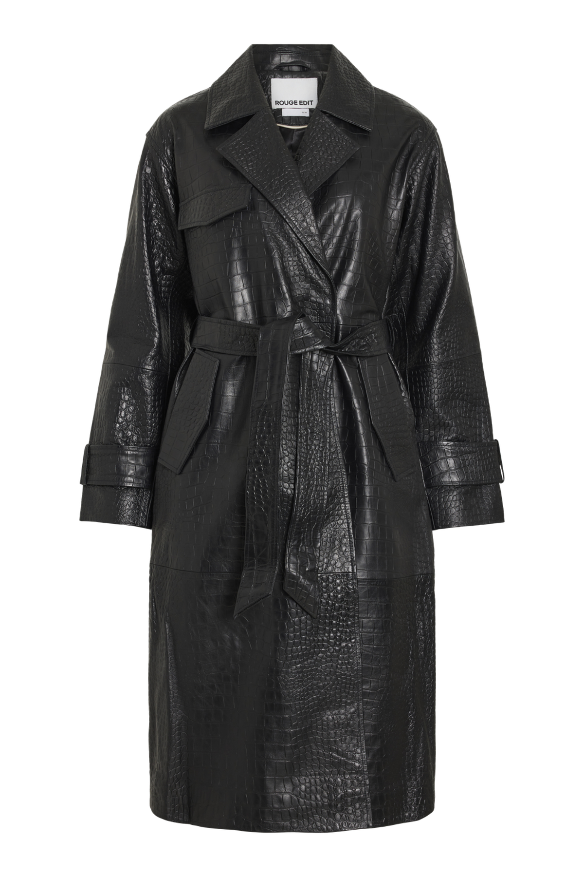 Vila ROUMAYA long-sleeve oversized leather coat in meteorite black with a textured finish, shown flat.
