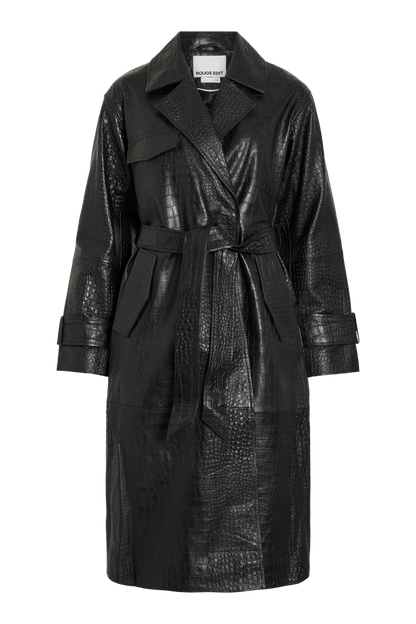 Vila ROUMAYA long-sleeve oversized leather coat in meteorite black with a textured finish, shown flat.
