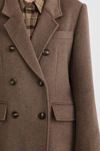 Vila Rouriley long sleeve coat in dark brown mélange wool blend, featuring a double-breasted button closure and front pockets