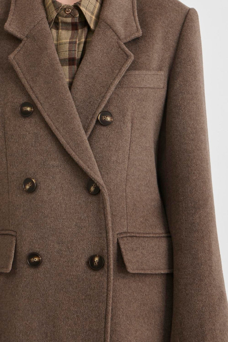 Vila Rouriley long sleeve coat in dark brown mélange wool blend, featuring a double-breasted button closure and front pockets