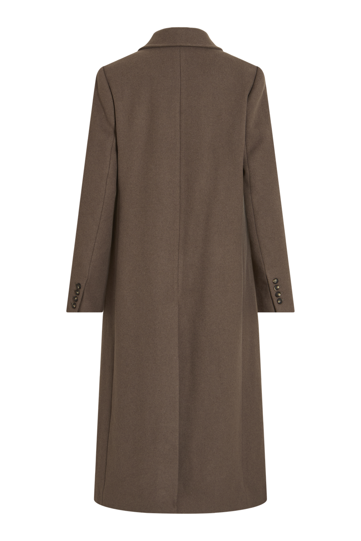 Vila Rouriley long sleeve coat in dark brown mélange, made from 50% recycled wool and 50% polyester, back view.
