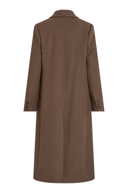 Vila Rouriley long sleeve coat in dark brown mélange, made from 50% recycled wool and 50% polyester, back view.