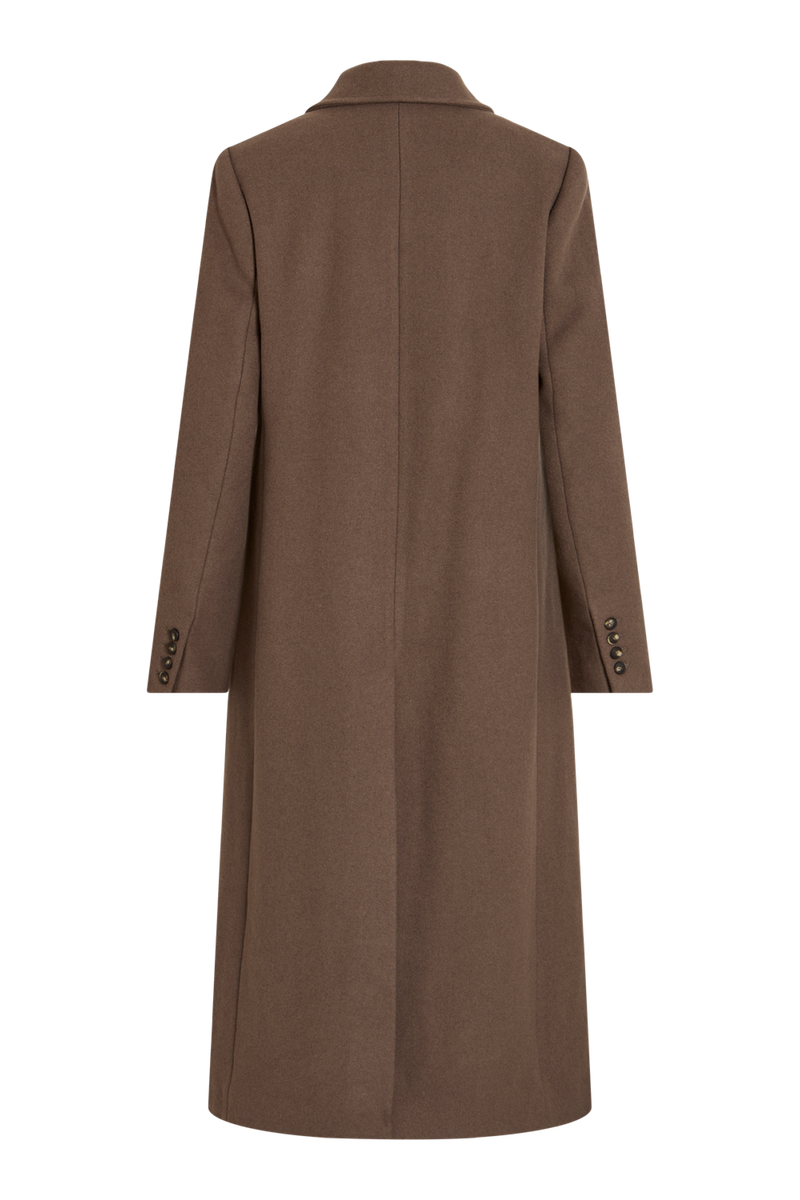 Vila Rouriley long sleeve coat in dark brown mélange, made from 50% recycled wool and 50% polyester, back view.