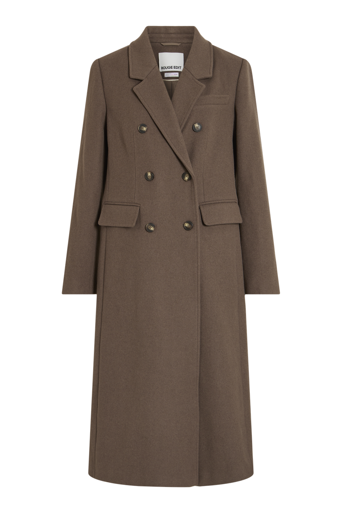 Vila Rouriley long sleeve coat in dark brown mélange, featuring a double-breasted button closure and front pockets, shown fla