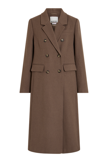 Vila Rouriley long sleeve coat in dark brown mélange, featuring a double-breasted button closure and front pockets, shown fla