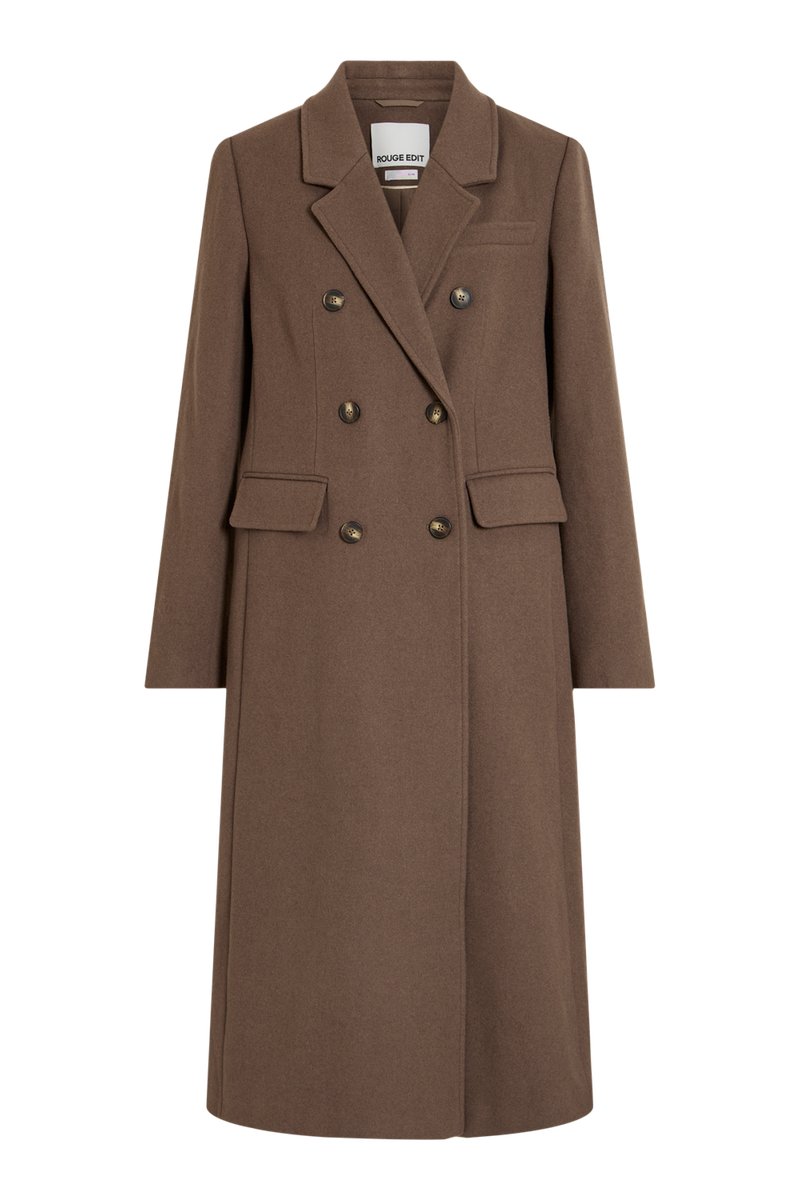 Vila Rouriley long sleeve coat in dark brown mélange, featuring a double-breasted button closure and front pockets, shown fla