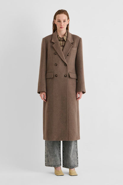 Vila Rouriley long sleeve coat in dark brown wool blend, featuring a double-breasted button closure, worn by a model.