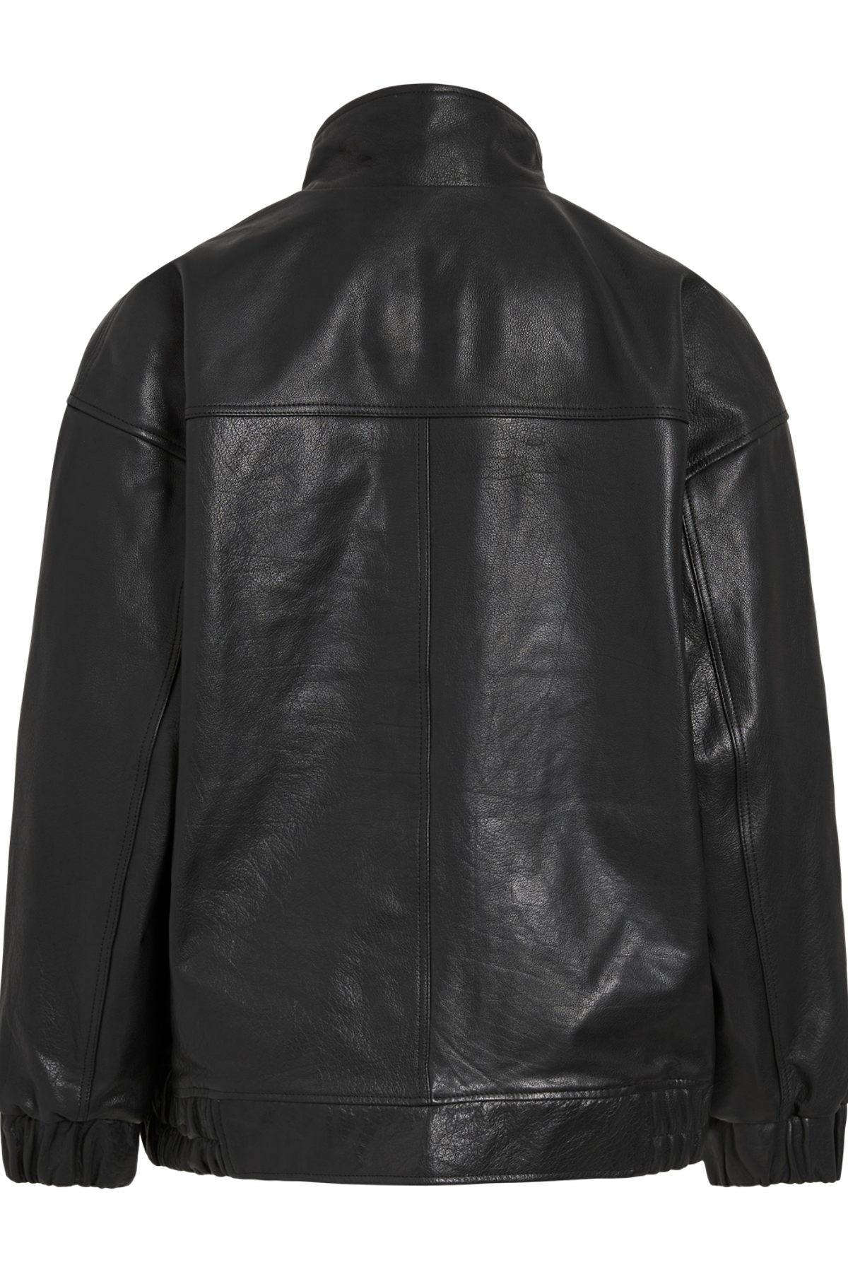Vila ROUSIMONE oversized leather jacket in meteorite color, shown from the back, featuring long sleeves and a biker collar.