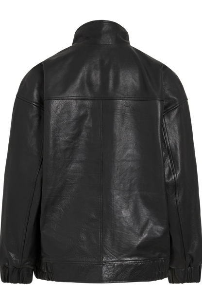 Vila ROUSIMONE oversized leather jacket in meteorite color, shown from the back, featuring long sleeves and a biker collar.