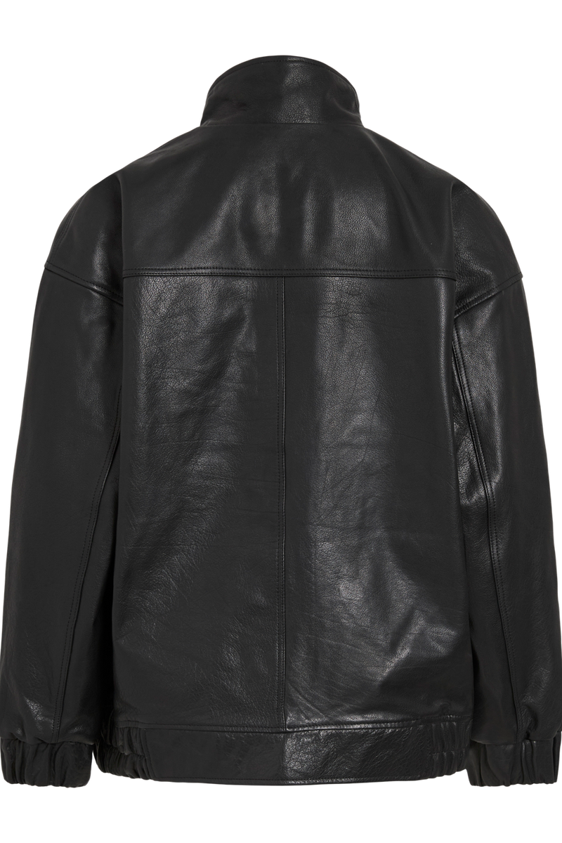Vila ROUSIMONE oversized leather jacket in meteorite color, shown from the back, featuring long sleeves and a biker collar.