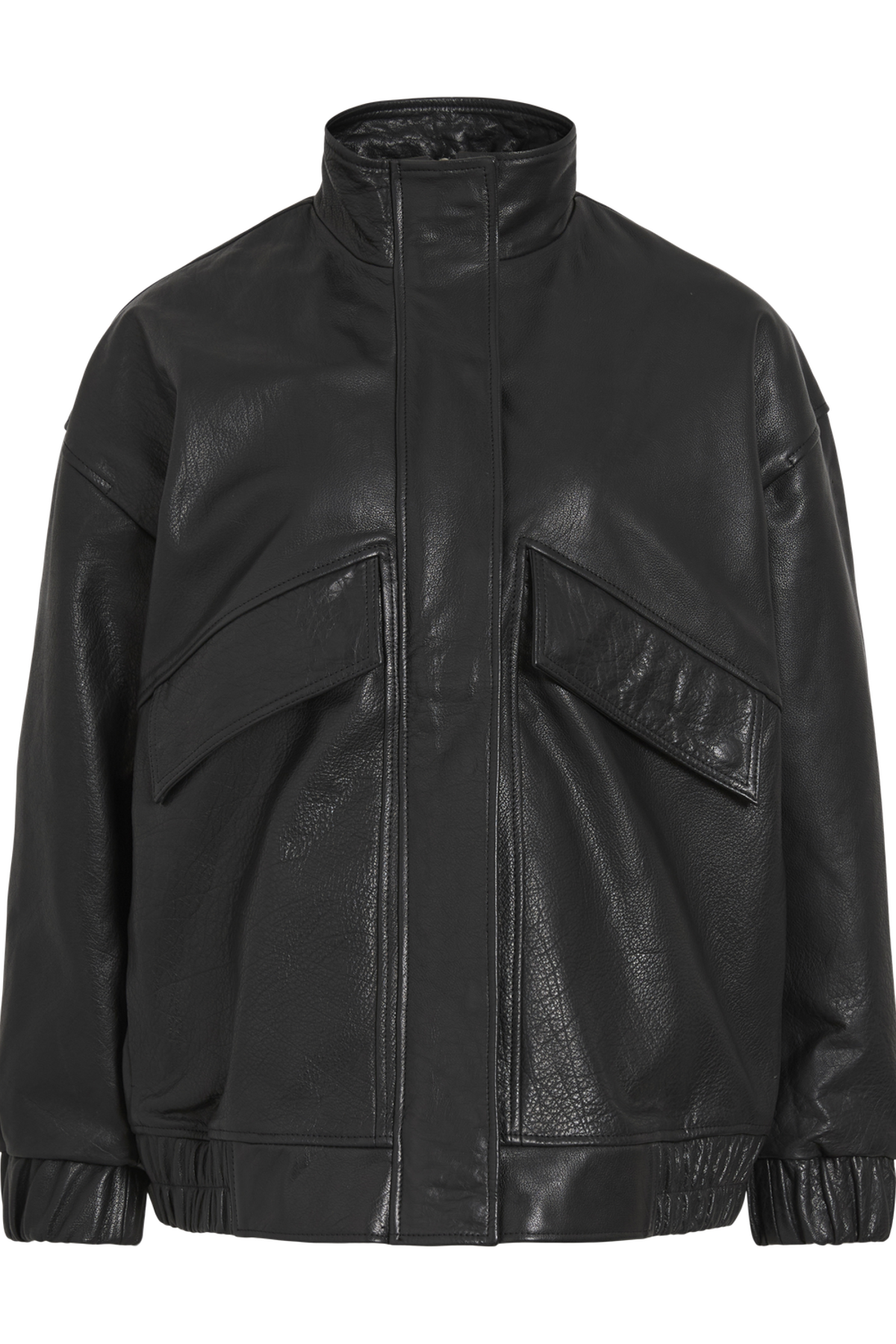 Vila ROUSIMONE oversized leather jacket in meteorite black, featuring a biker collar and long sleeves, shown flat.