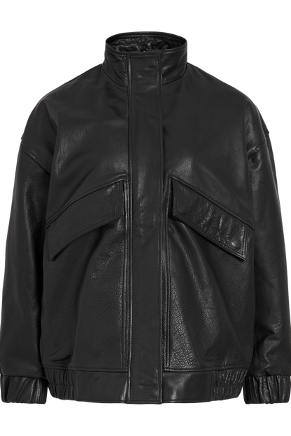 Vila ROUSIMONE oversized leather jacket in meteorite black, featuring a biker collar and long sleeves, shown flat.