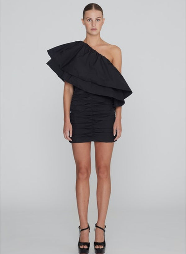 Rotate Taft Pleated One-Shoulder Dress Black