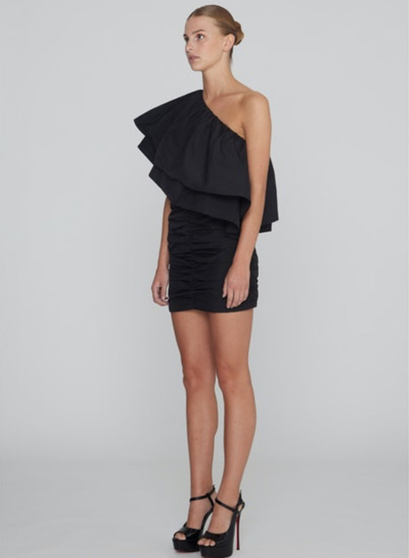 Rotate Taft Pleated One-Shoulder Dress Black