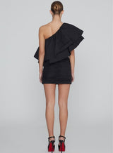 Rotate Taft Pleated One-Shoulder Dress Black